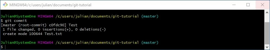 Imagen: Tutorial de Git: salida de Git Bash después de ejecutar el comando “git commit”