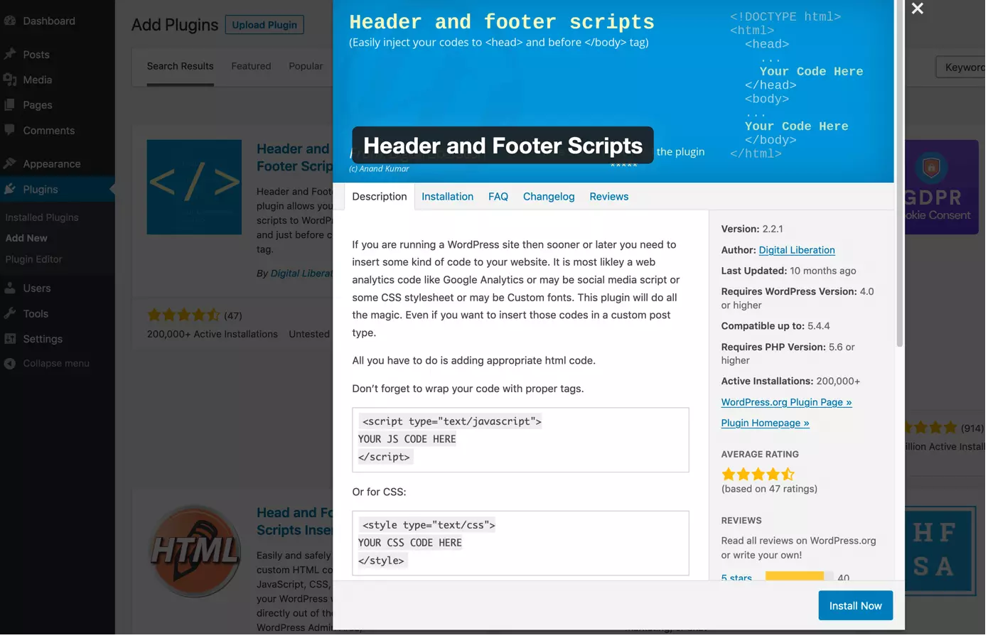 Imagen: Instala el plugin Header and Footer Scripts