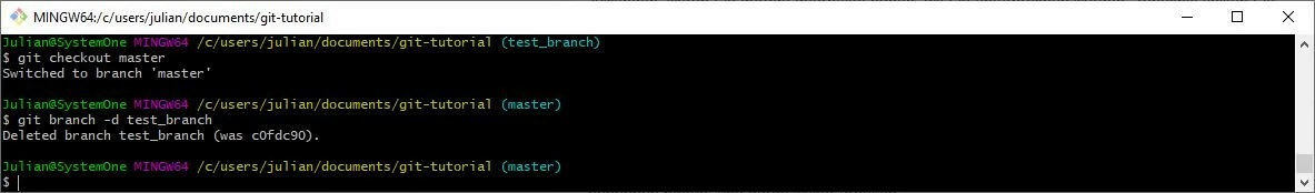 Imagen: Cambio de rama y eliminación a través de Git-Bash