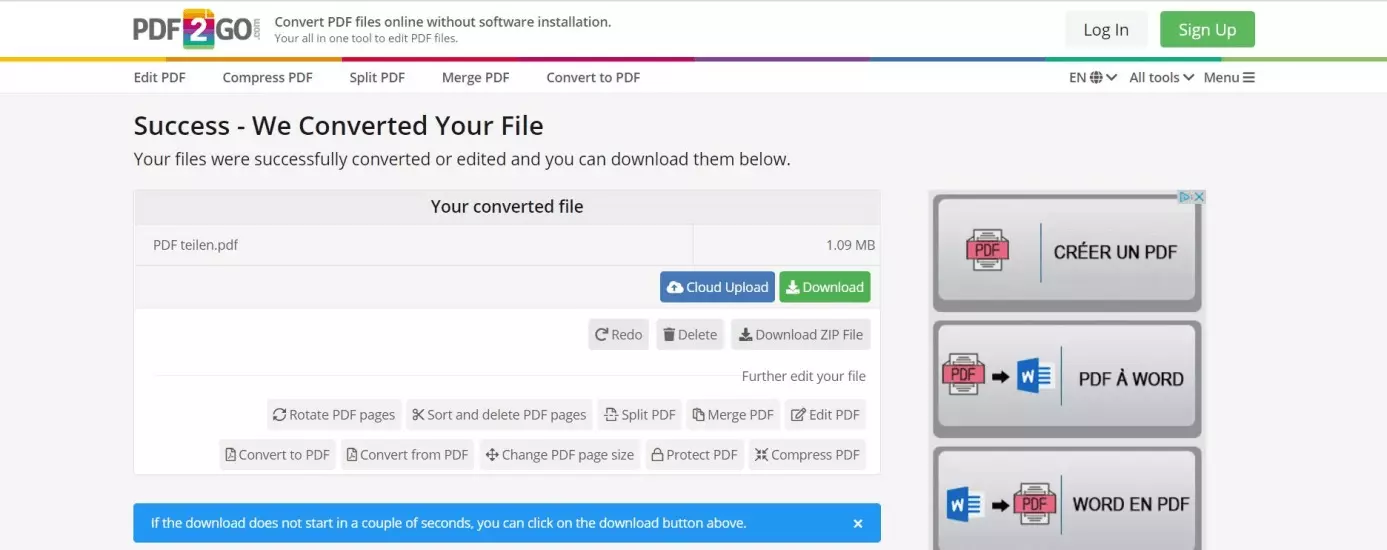 Imagen: PDF2GO: opciones de descarga y exportación