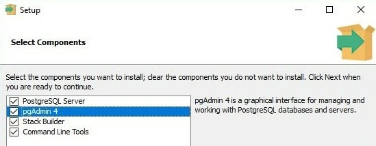 Imagen: Instalador de PostgreSQL de EnterpriseDB: selección de componentes