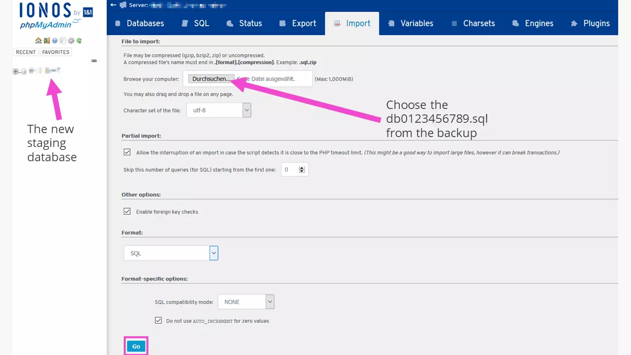 Imagen: Entorno de pruebas de WordPress: cargar el archivo de seguridad