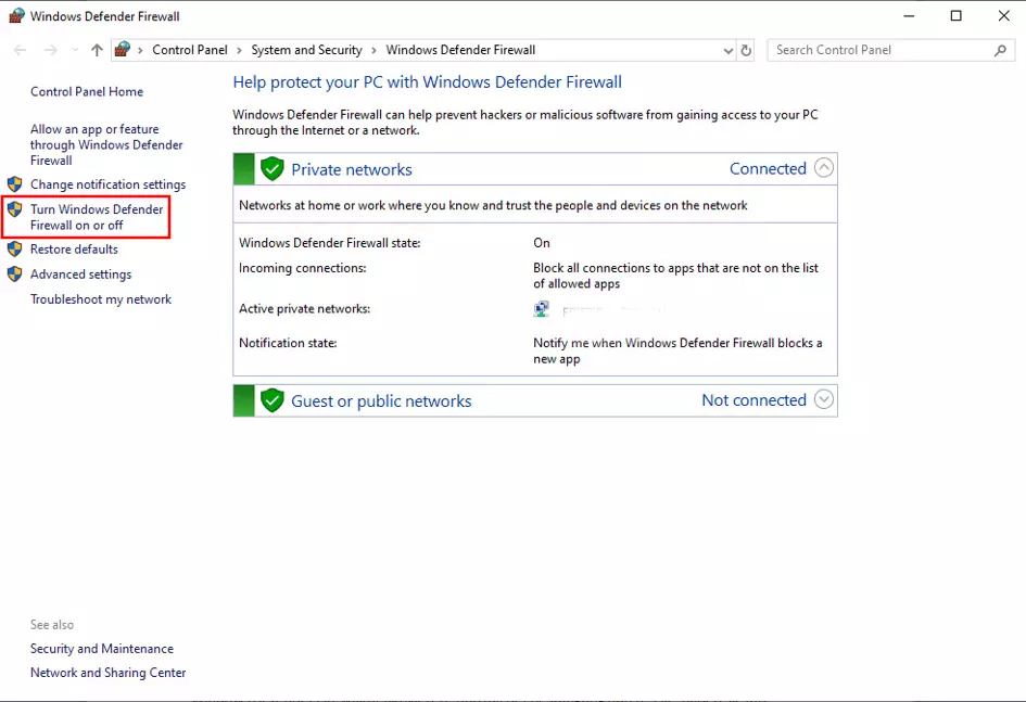 Imagen: Opción para desactivar el firewall de Windows 10