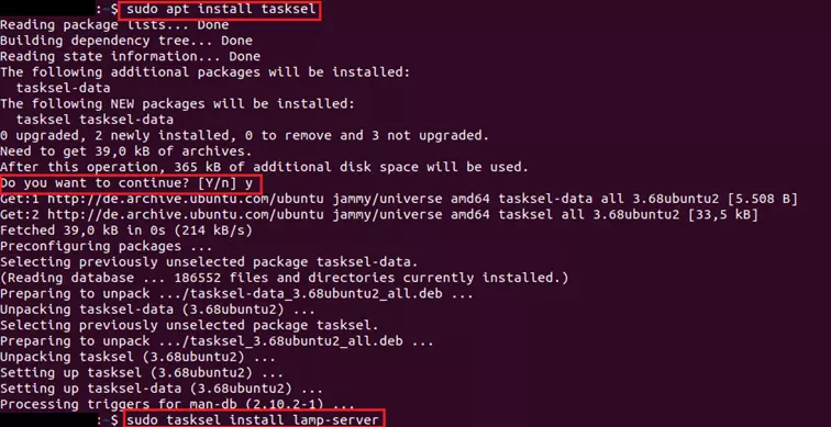 Imagen: Captura de pantalla de la terminal de Ubuntu tras introducir el comando de instalación de Tasksel y del servidor LAMP