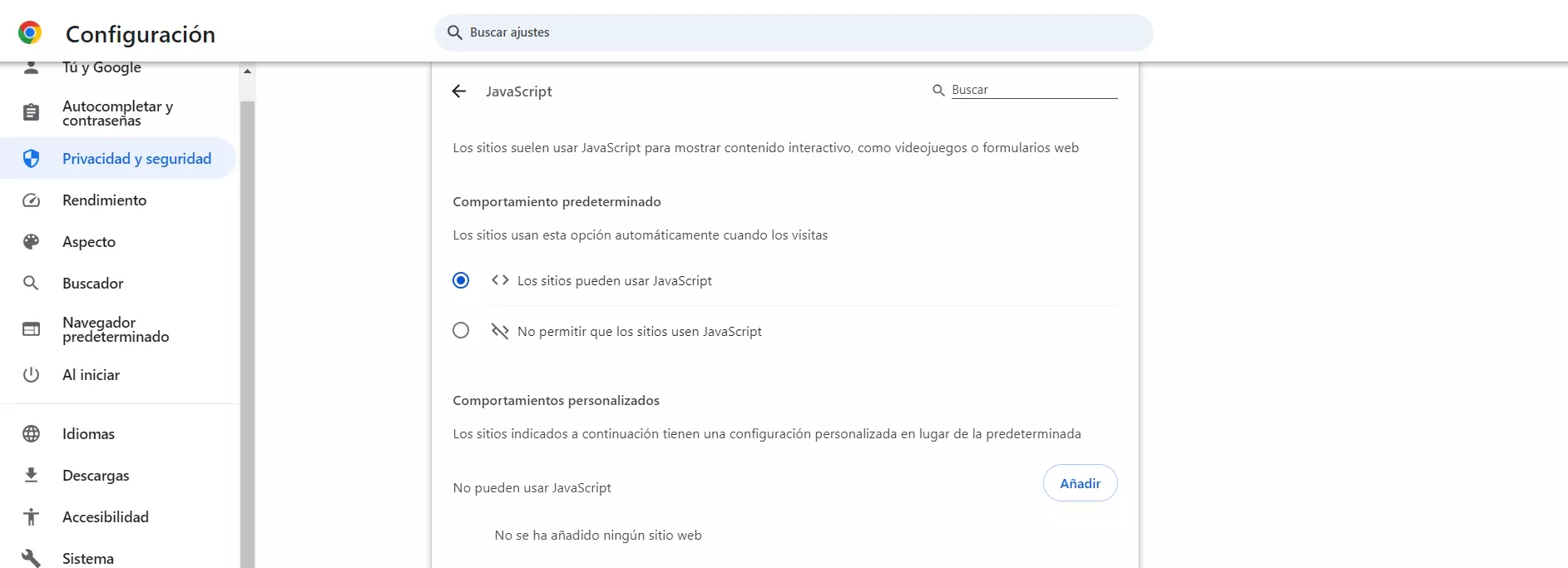 Ajustes de contenido para activar JavaScript en Chrome Imagen: Ajustes de contenido para activar JavaScript en Chrome