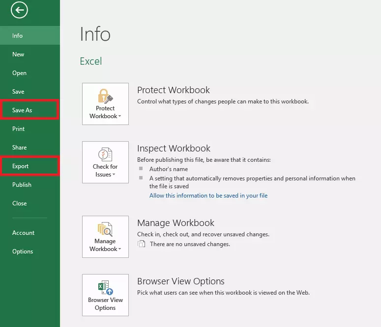 Imagen: Opciones equivalentes de MS Excel: “Exportar” o “Guardar como”