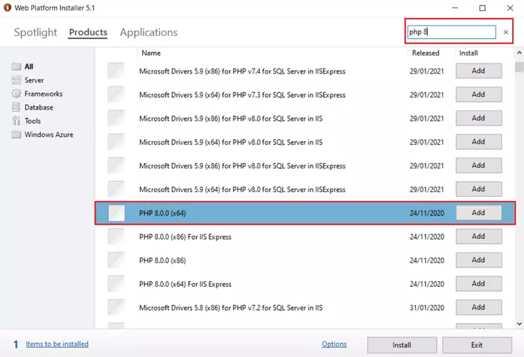 Imagen: Captura de pantalla de la pestaña “Products” del Microsoft Web Platform Installer con la opción “Add”