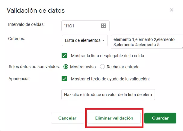 Imagen: Google Sheets: borrar el menú desplegable