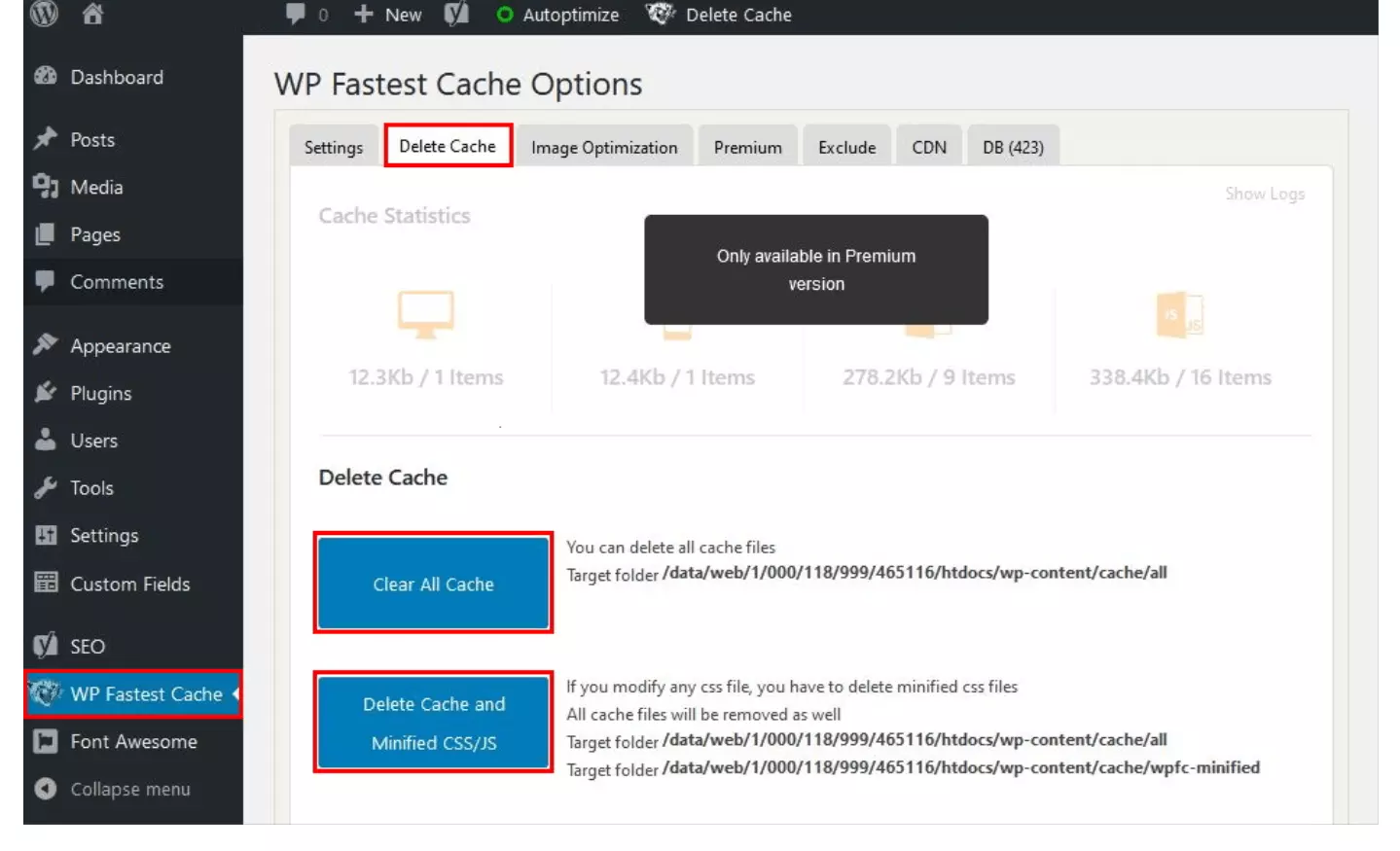 Imagen: cómo borrar la caché de WordPress desde las opciones en WP Fastest Cache