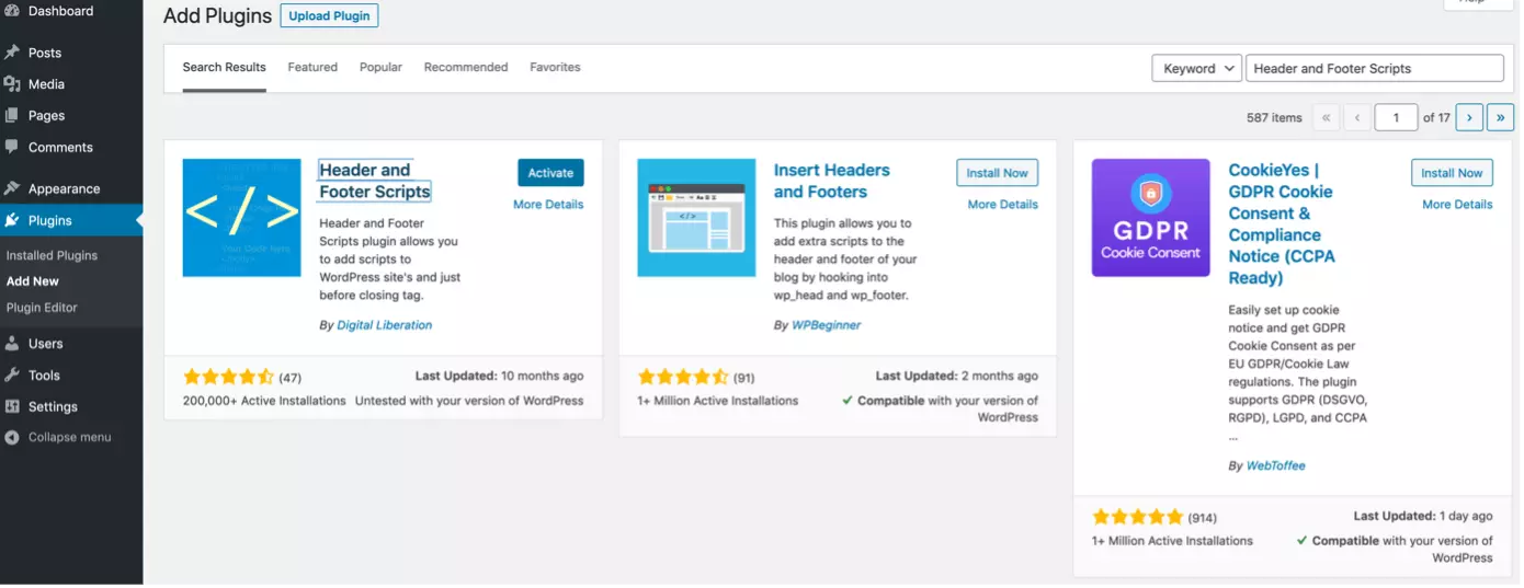 Imagen: Activa el plugin Header and Footer Scripts