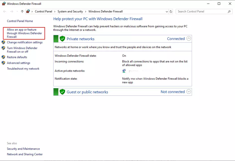 Imagen: Opción “Permitir una aplicación o una característica a través de Firewall de Windows”