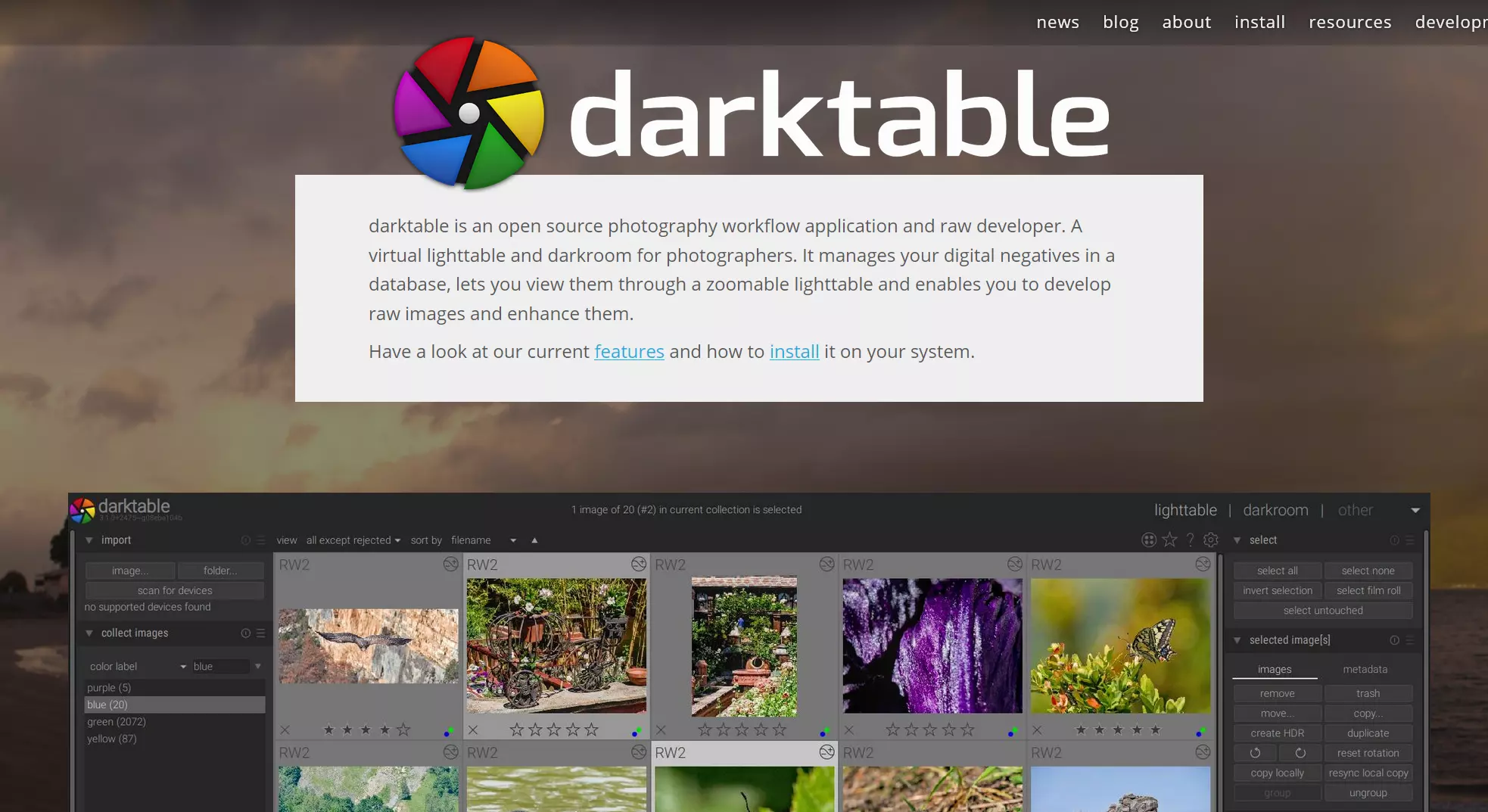 Screenshot de la página web de darktable Imagen: Screenshot de la página web de darktable