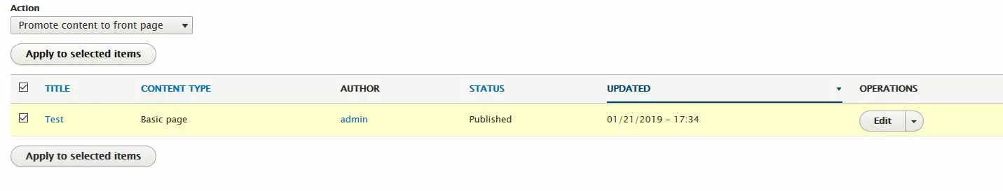 Imagen: Tutorial de Drupal: página de prueba de Drupal seleccionada en el menú “Contenido”