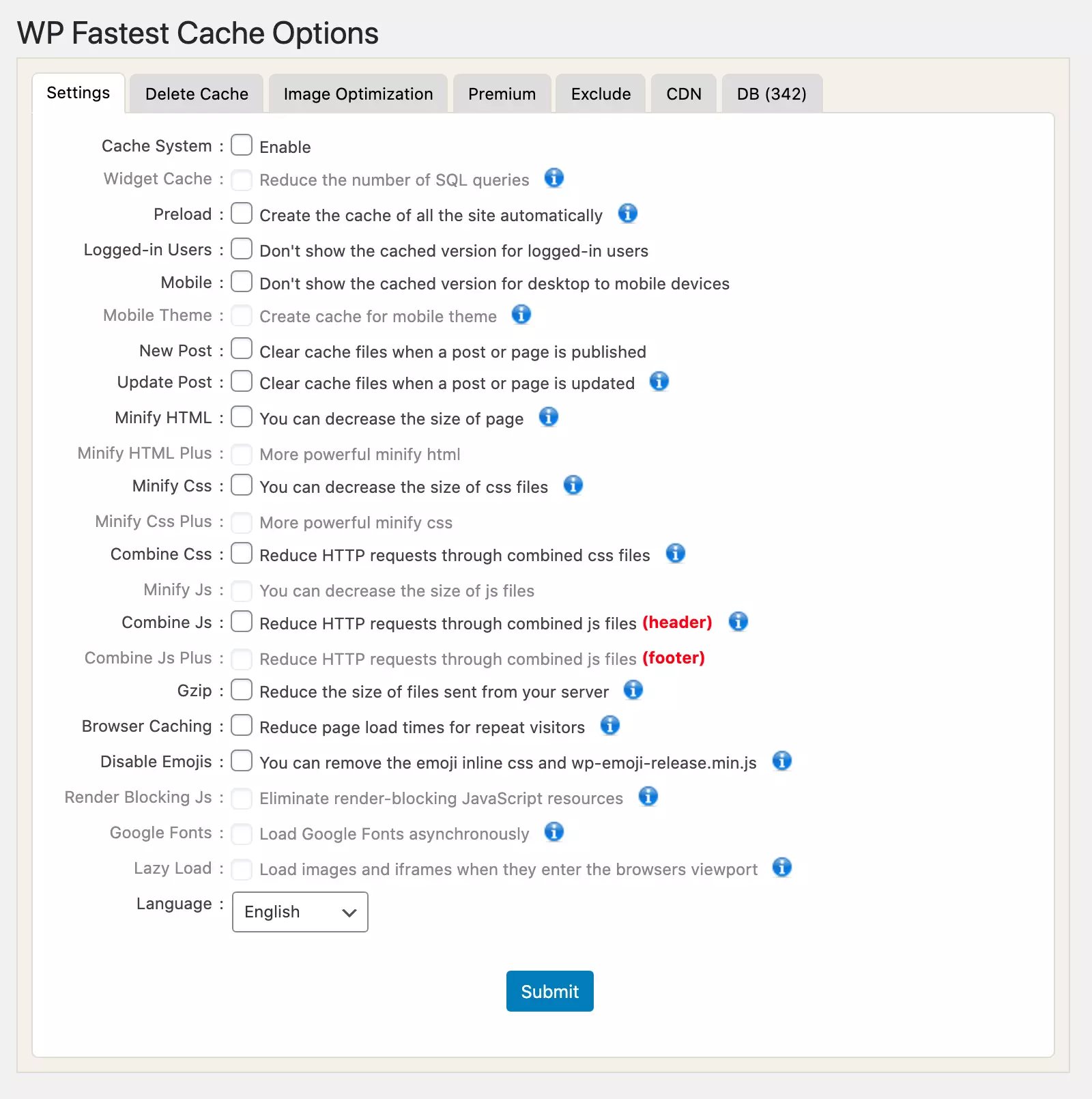 Imagen: Opciones de configuración del plugin de caching WP Fastest Cache en el backend de WordPress