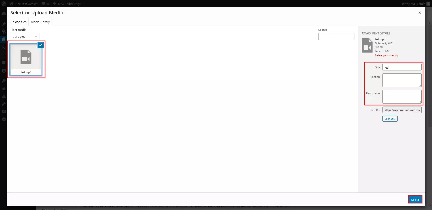 Imagen: Diálogo de WordPress “Elige o sube medios”