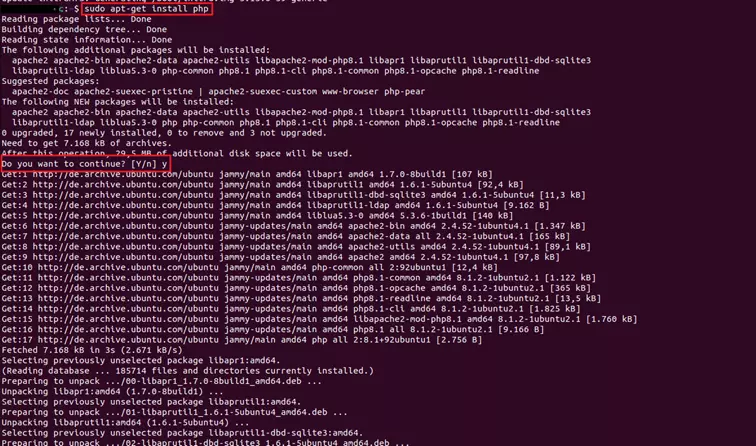 Imagen: Captura de pantalla de la terminal de Ubuntu tras introducir el comando de instalación de PHP