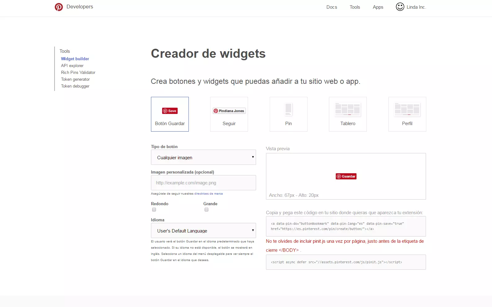 Imagen: Página de las herramientas para desarrolladores de Pinterest