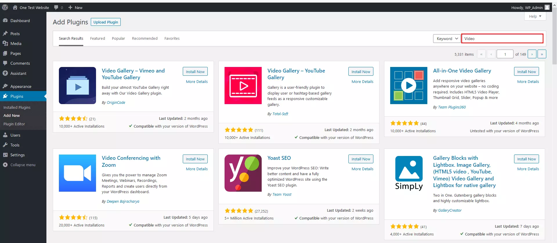 Imagen: Vista de los plugins de vídeo disponibles en el servidor de WordPress