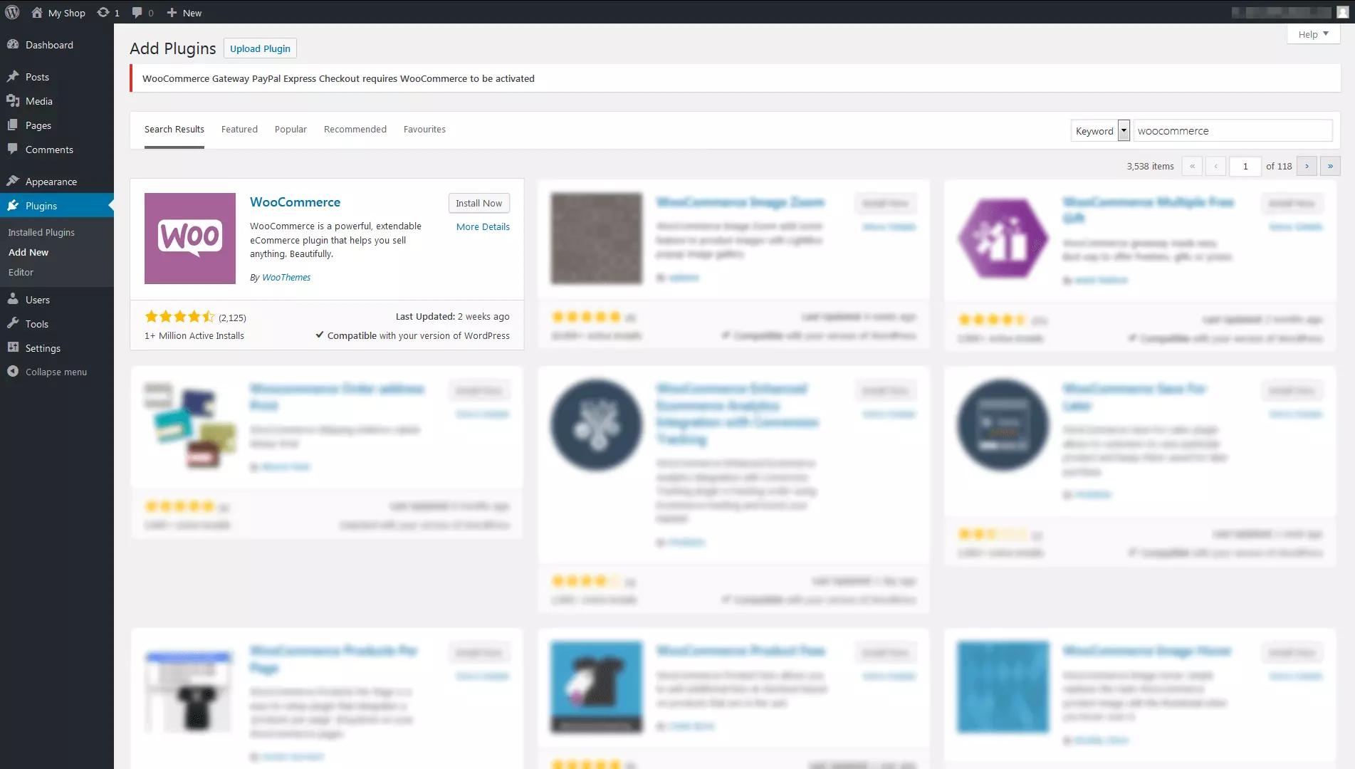 Imagen: Plugin WooCommerce en la lista de plugins disponibles para WordPress