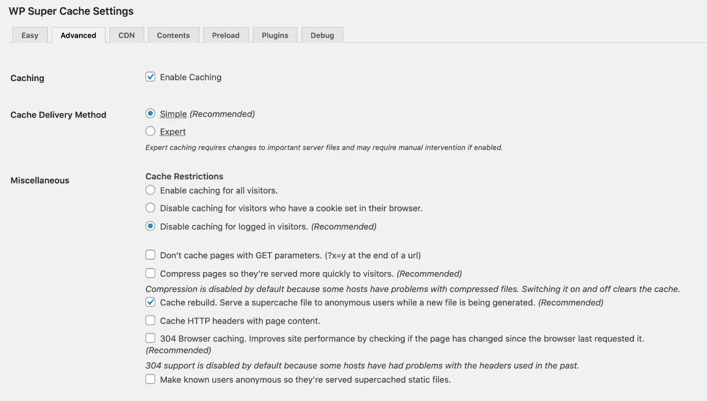 Imagen: Configuración en el backend de WP Super Cache un plugin de caching para WordPress