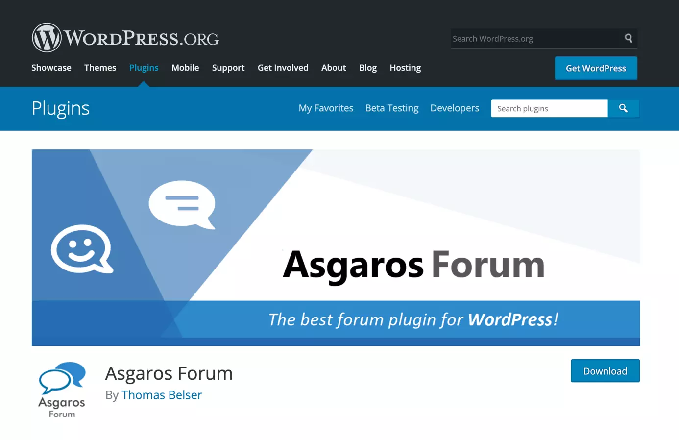 Imagen: Página de descarga de Asgaros Forum en WordPress.org