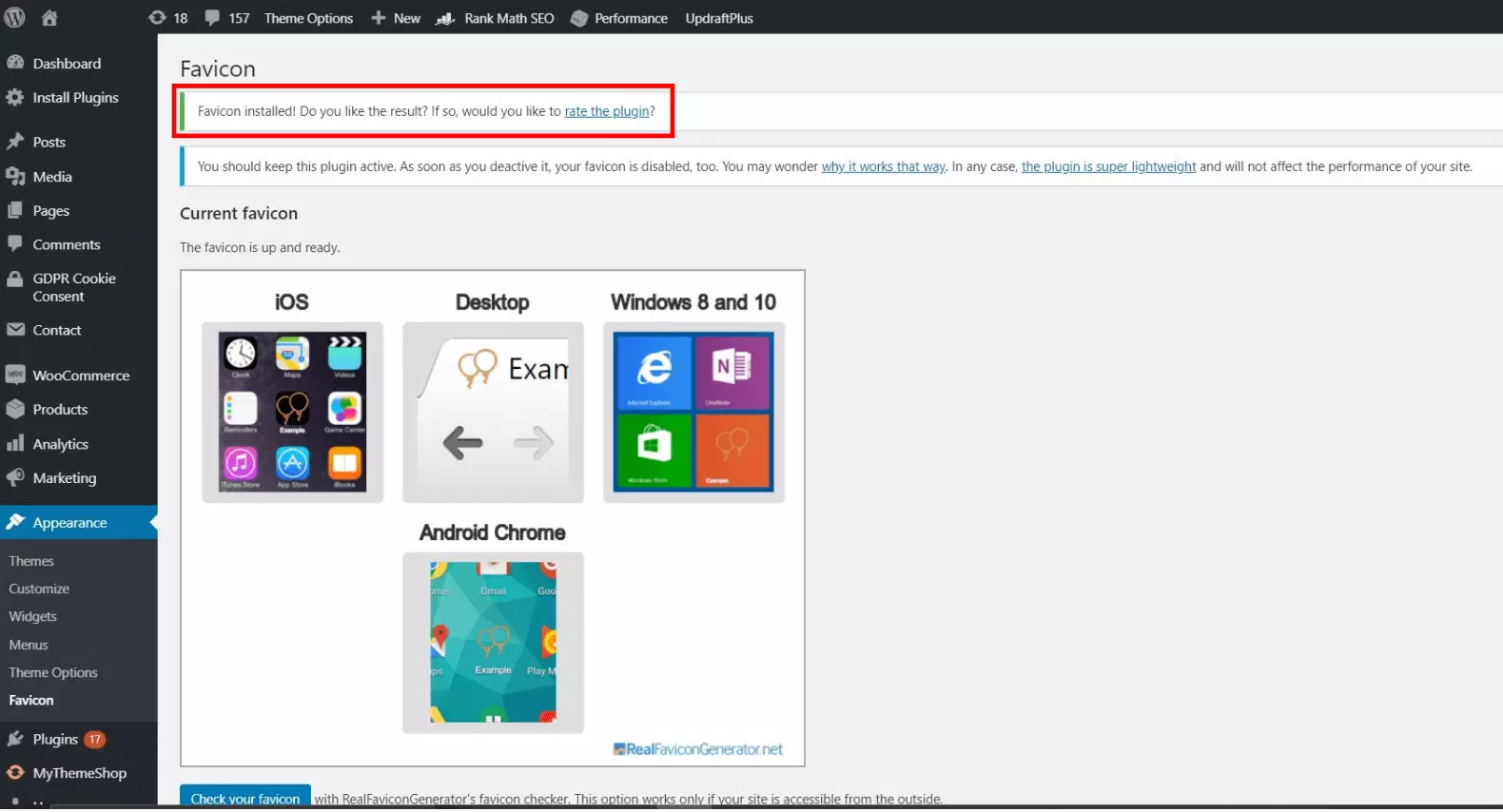 Imagen: Favicon by RealFaviconGenerator: mensaje que informa de que la instalación ha sido completada 