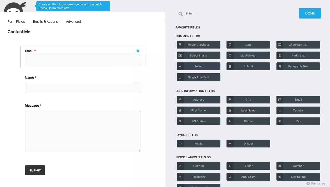 Imagen: Ninja Forms ofrece un editor de arrastrar y soltar fácil de usar